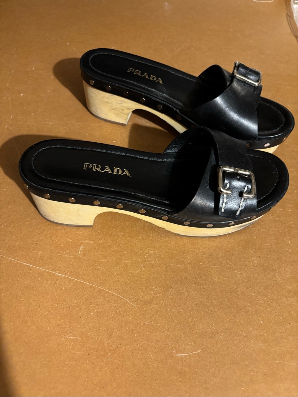 Prada Black Leather Buckle Platform Clogs with Light Wood Heel